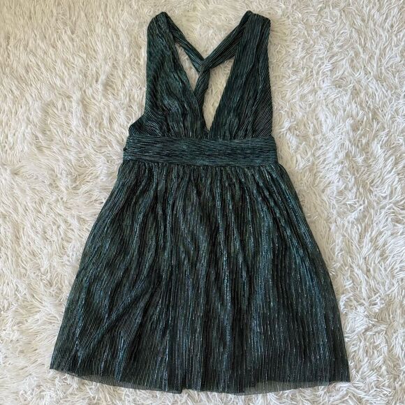 Lulus Ailey Metallic Stripe Twist Back Cocktail Dress in Gold and Teal Size S - Picture 4 of 9